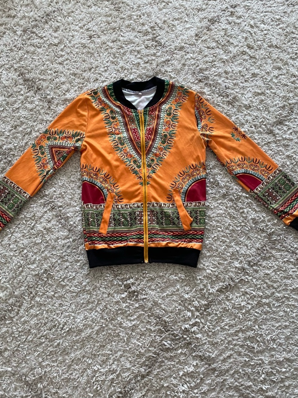 Orange African Dashiki Print Bomber Jacket Zip Up - Size: S